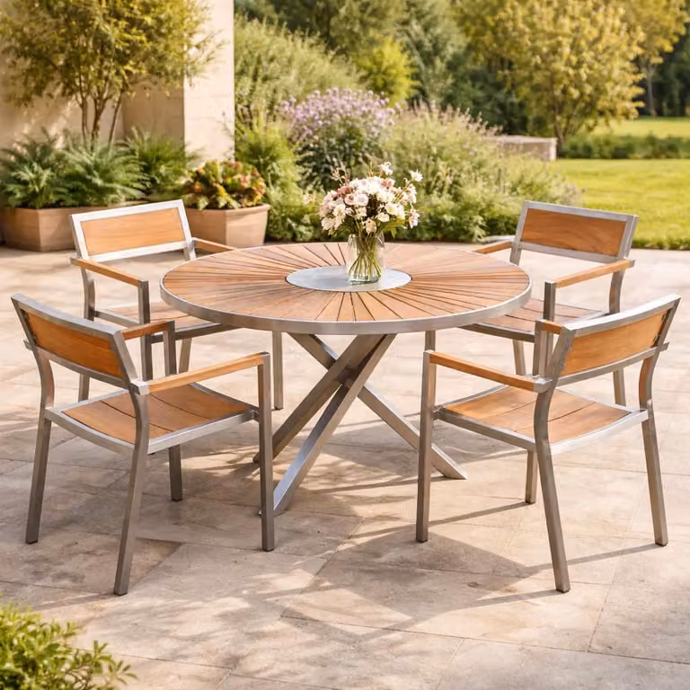 4 Stühle Endine + Tisch Alserio 80 cm Edelstahl