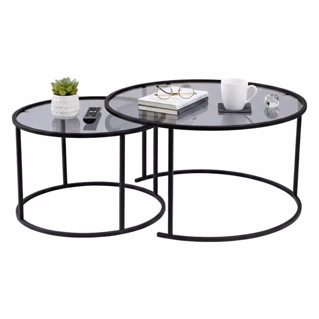 Set di 2 tavolini da salotto Aedion moderni rotondi in vetro nero e trasparente L/P/H: 80 x 80 x 43 cm – 2