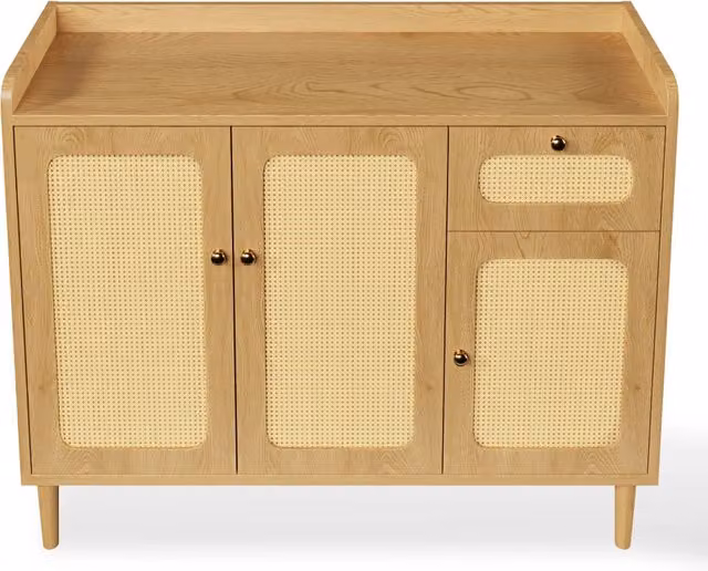 Madia Mid-Century in Legno e Rattan con 3 Ante e 1 Cassetto con Chiusura Soft-Close, Colore Marrone e Beige, L/P/H: 120 x 40 x 91 cm