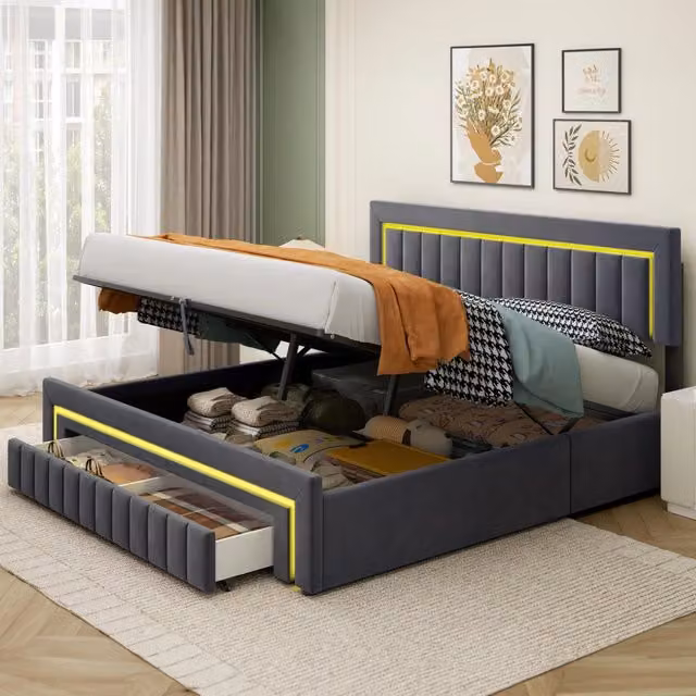 Letto contenitore 160x200 cm con illuminazione LED e cassetti; letto imbottito in velluto grigio scuro