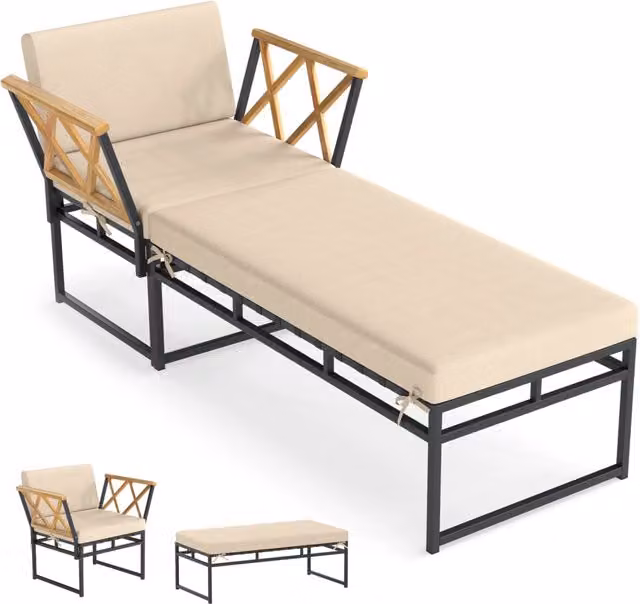 Set mobili patio 2 pezzi metallo poltrona esterno cuscino, Set braccioli legno acacia pouf giardino piscina Bianco