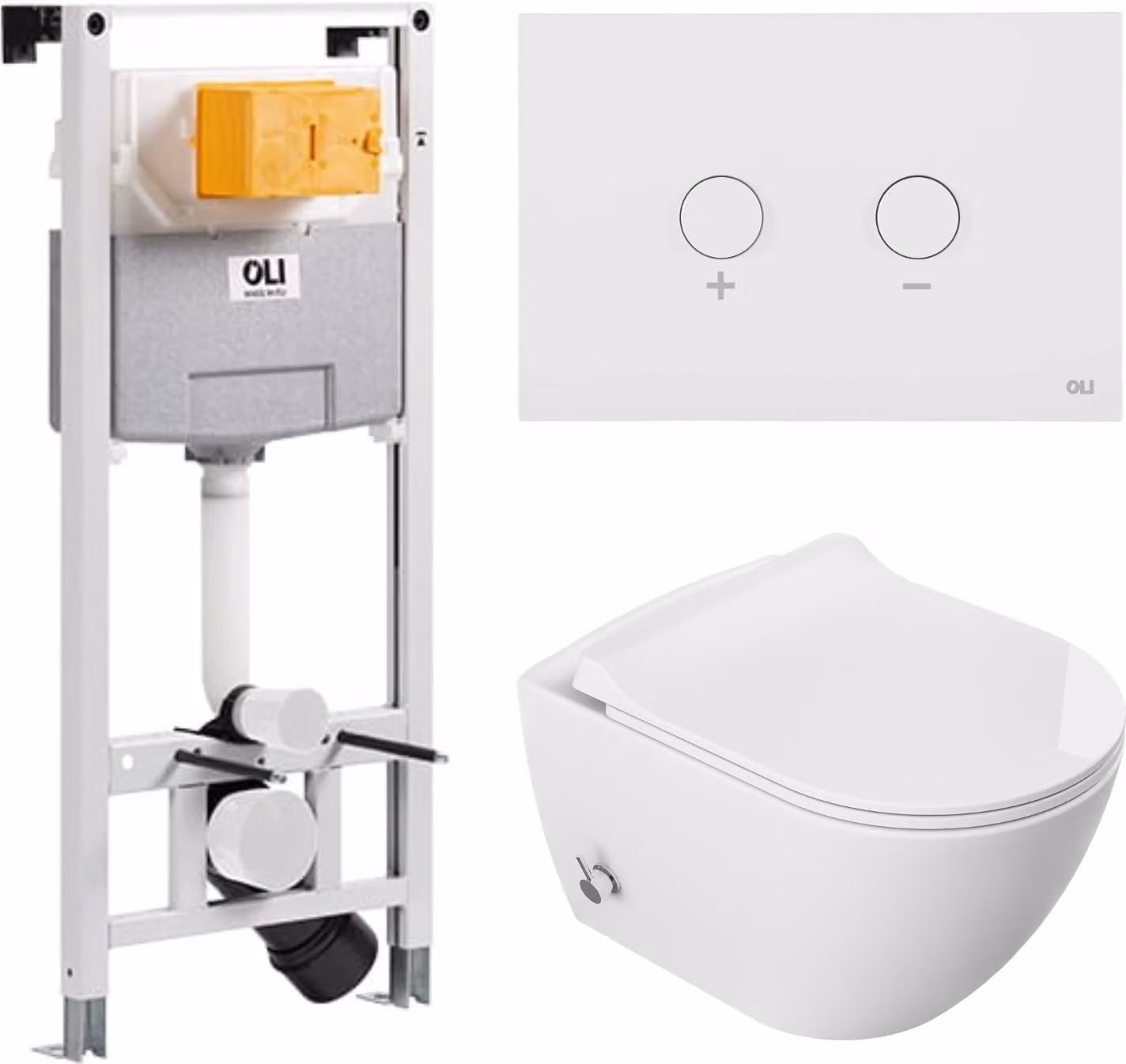 Domotechnika | Set di toilette sospese Viba - elemento pre-murale - cassetta di scarico - bianco - senza bordo, senza bordo, soft close, bidet integrato - pulsante bianco