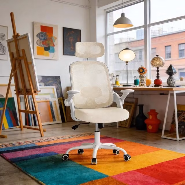 Sedia da ufficio ergonomica WISHDOR con schienale alto, poggiatesta e braccioli, rivestimento in tessuto, beige