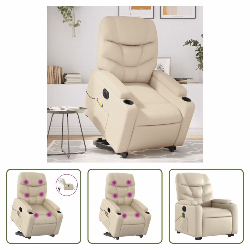 The Living Store Poltrona massaggiante con ausilio elettrico in ecopelle crema