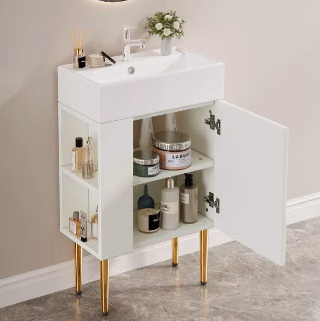 Mobile bagno MODFU con lavabo integrato in MDF bianco lucido, larghezza: 55 cm