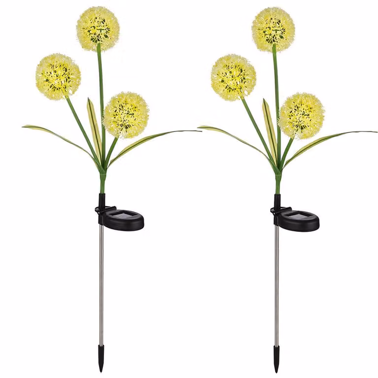 Set da 2 lampade solari a LED, forma di soffione giallo, acciaio inossidabile, H 75 cm