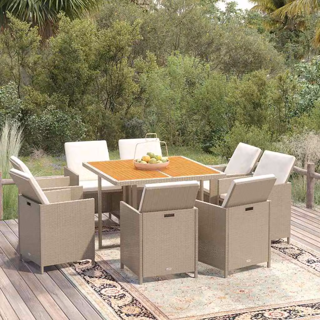 Set da pranzo da giardino vidaXL in polyrattan e legno di acacia con 9 pezzi e cuscini beige e bianchi
