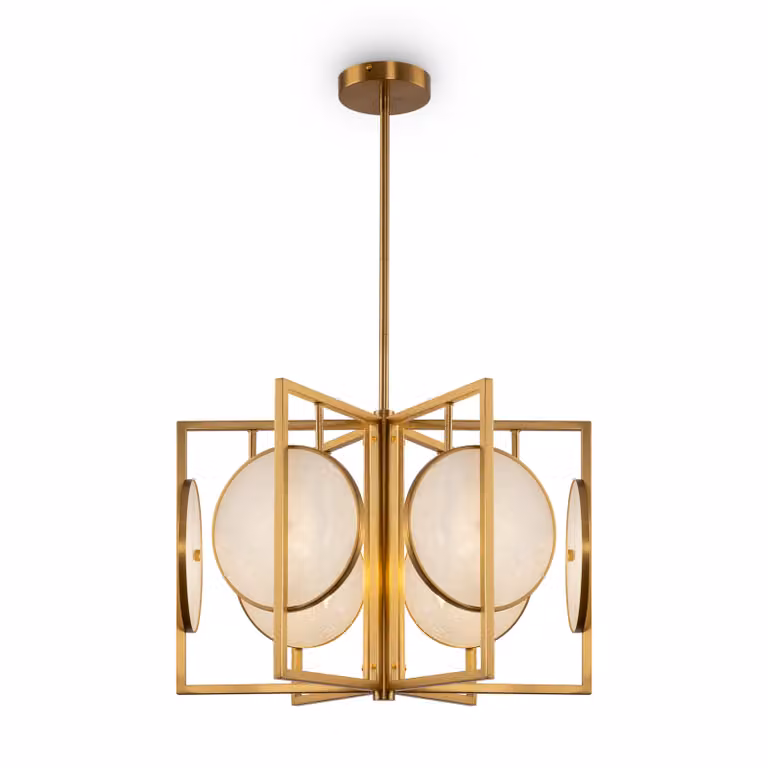 Lampadario Contemporaneo Marmo Metallo Oro 6 Luci Diffusori Bianchi