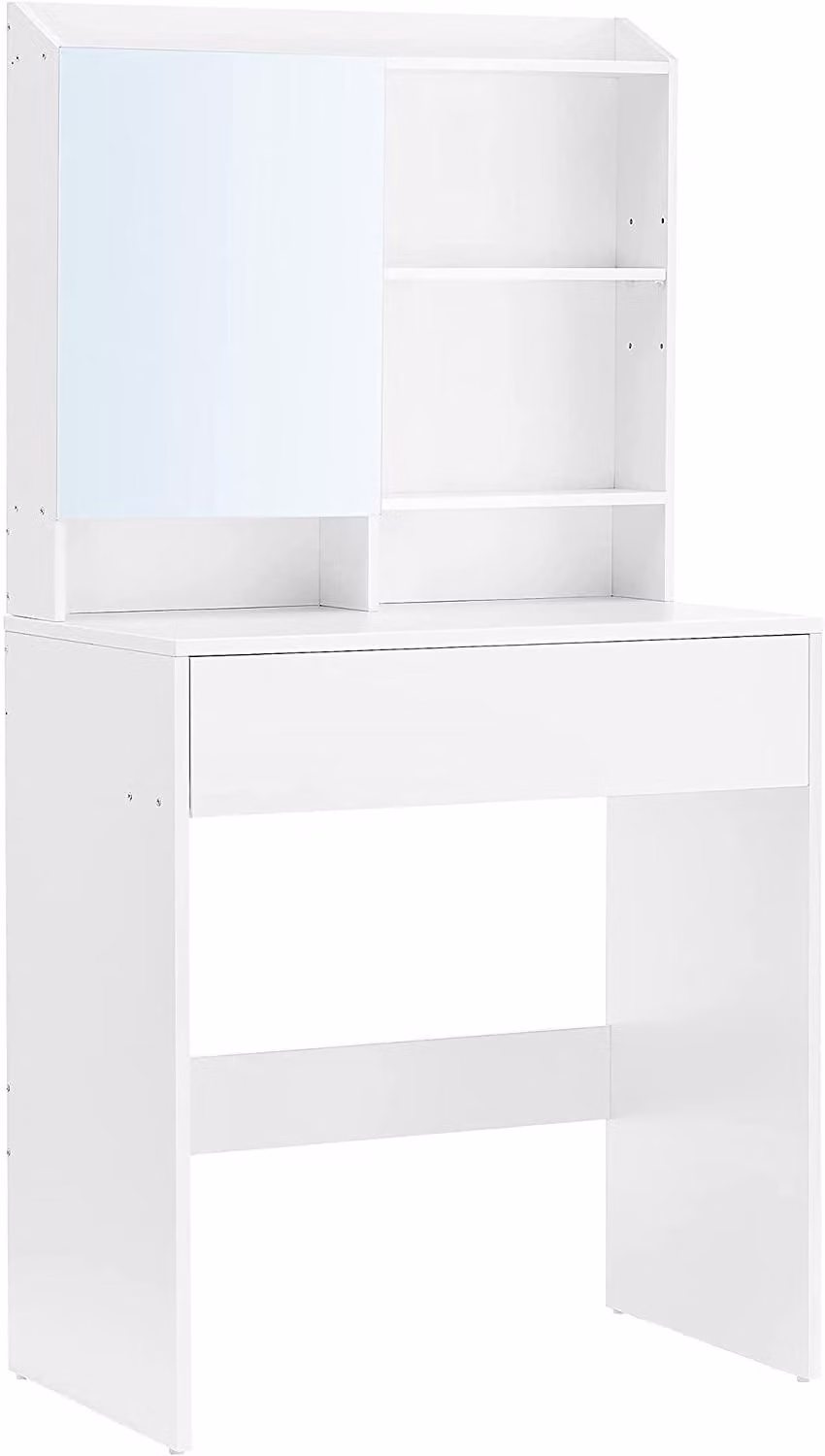 Comò da trucco bianco con specchio, cassetto e ripiani regolabili – 70 x 40 x 136 cm
