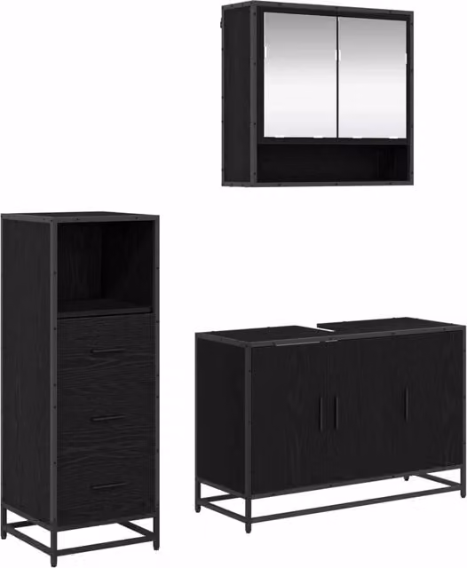 Set di mobili per il Bagno | Armadio da bagno 3 pz Rovere Nero Legno multistrato