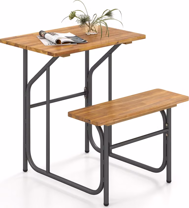Tavolo da balcone con panca COSTWAY, mobili da giardino, mobili da balcone, set da balcone con piano in legno di acacia e gambe in metallo, set di sedute per 1 persona