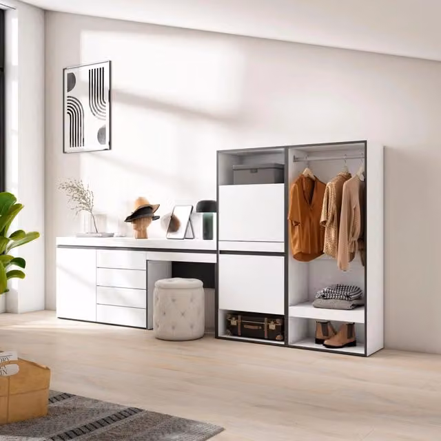 Scarpiera, 297x35x145cm, Camera da letto, Armadio Aperto, Cassettiera, Tavolo da toeletta, Bianco RF3512