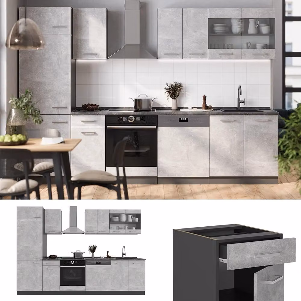 Cucina componibile moderna Vicco R-Line Calcestruzzo e Antracite con dettagli in Rovere, L: 300 cm – 2