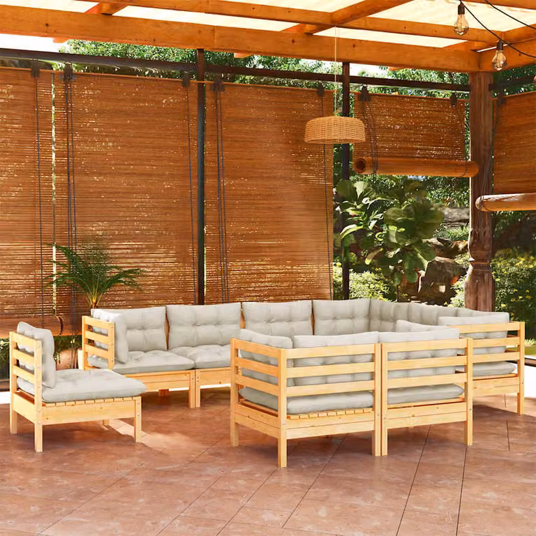 Set Divani da Giardino vidaXL 9 pz a Forma a L in Legno di Pino Trattato con Cuscini Beige