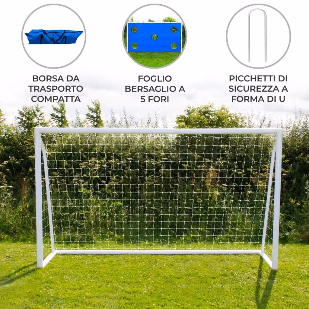 Porta da calcio Monster Shop bianca con custodia per il trasporto e telo bersaglio L: 360 cm, H: 180 cm – 2
