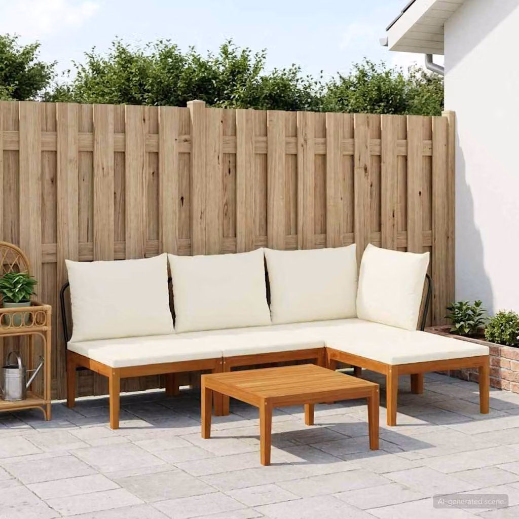 Set da giardino vidaXL in legno di acacia con cuscini, composizione a L con divano, tavolino e pouf, colore marrone, beige e bianco