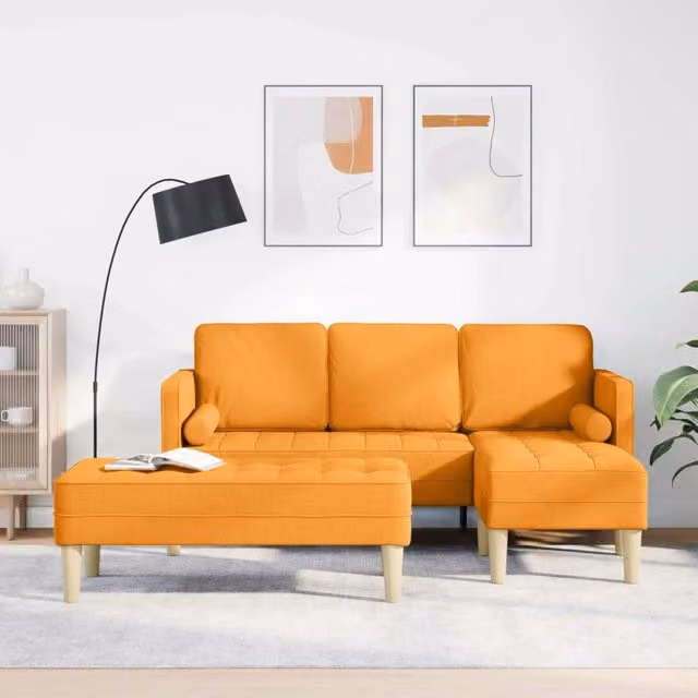 Set di divani angolari reversibile vidaXL in tessuto giallo e beige con cuscini inclusi per soggiorno