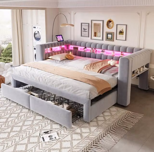 Divano letto imbottito con letto estraibile; cassetti; LED e porte USB/Type-C 90x190 cm; grigio chiaro