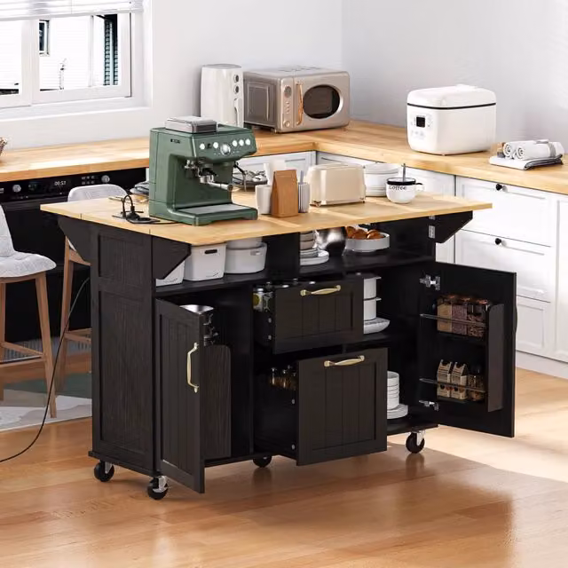 Isola cucina mobile con tavolo estraibile - Zephmum - Con cassetti, porta asciugamani e presa multipla, nero