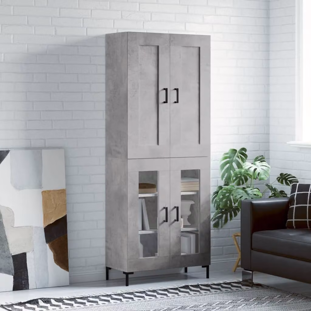 Credenza stile industriale vidaXL in legno e metallo con ante in vetro, Grigio, L: 69,5 cm, P: 34 cm, H: 180 cm