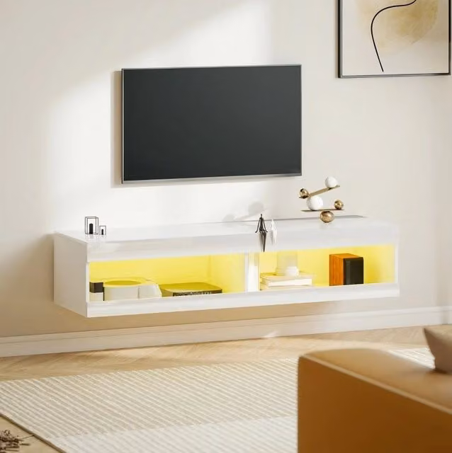 Mobile TV sospeso ULEVR 140x40x30 cm con LED RGB a 16 colori, 2 vani aperti e passacavi, bianco lucido