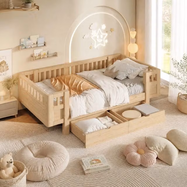 Letto a piattaforma con spondale di sicurezza e due cassetti, in legno, colore legno, per cameretta, 90 × 200 cm