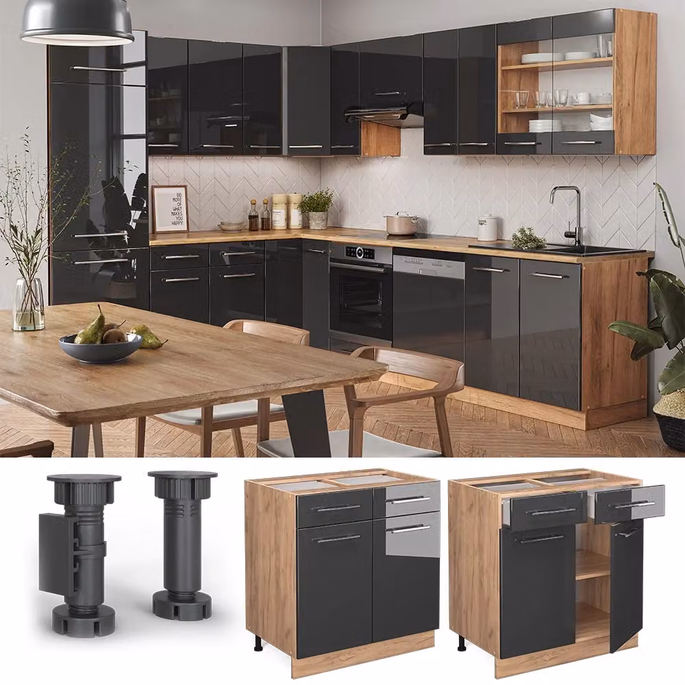 Mobiletto base per cucina Vicco Fame-Line Antracite lucido e Rovere dorato con cassetto, larghezza: 80 cm, senza piano di lavoro – 2