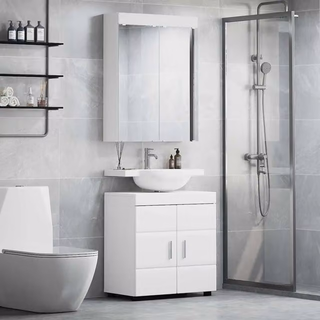 Set di mobili per il bagno moderno vidaXL composto da mobile lavabo e armadietto con specchio, Bianco e Argento, L/P/H: 60 x 34 x 63 cm