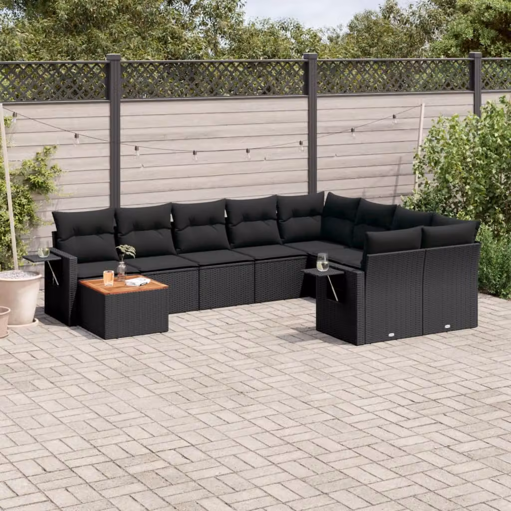 vidaXL Set Divani da Giardino a Forma di U in Polyrattan Nero con Cuscini e Tavolino da Esterno – 1