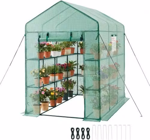 VEVOR Serra da Giardino Portatile con Finestre e 14 Mensole, Copertura in PE da 140 g/m², L/P/H: 137 x 206 x 196 cm