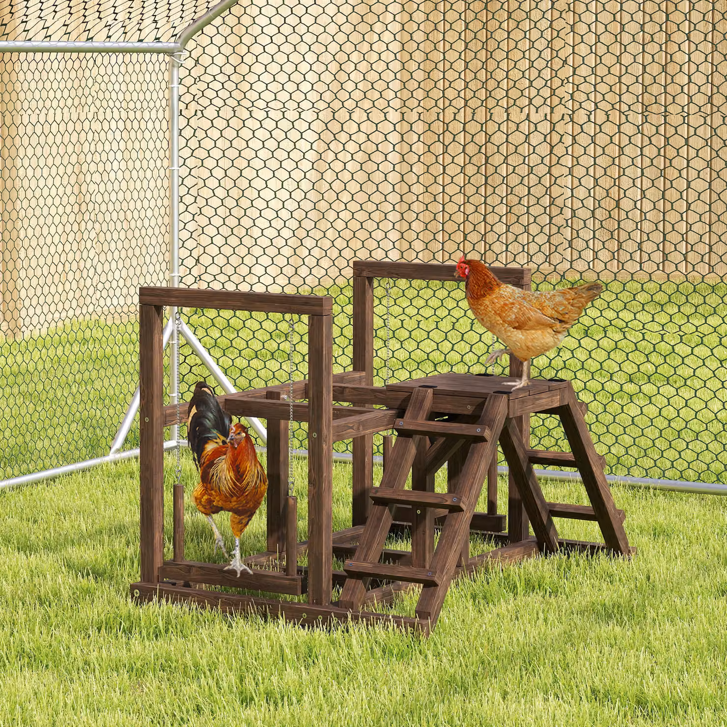 Area giochi in legno Aosom per galline con altalena, scala e piattaforme, marrone, L: 82 cm, P: 60 cm, H: 55 cm – 2