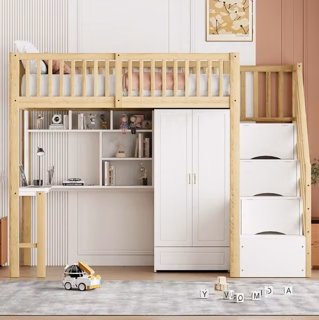 Letto a soppalco singolo MODFU con armadio, scrivania e scala con cassetti, bianco e legno, L/P: 200 x 90 cm