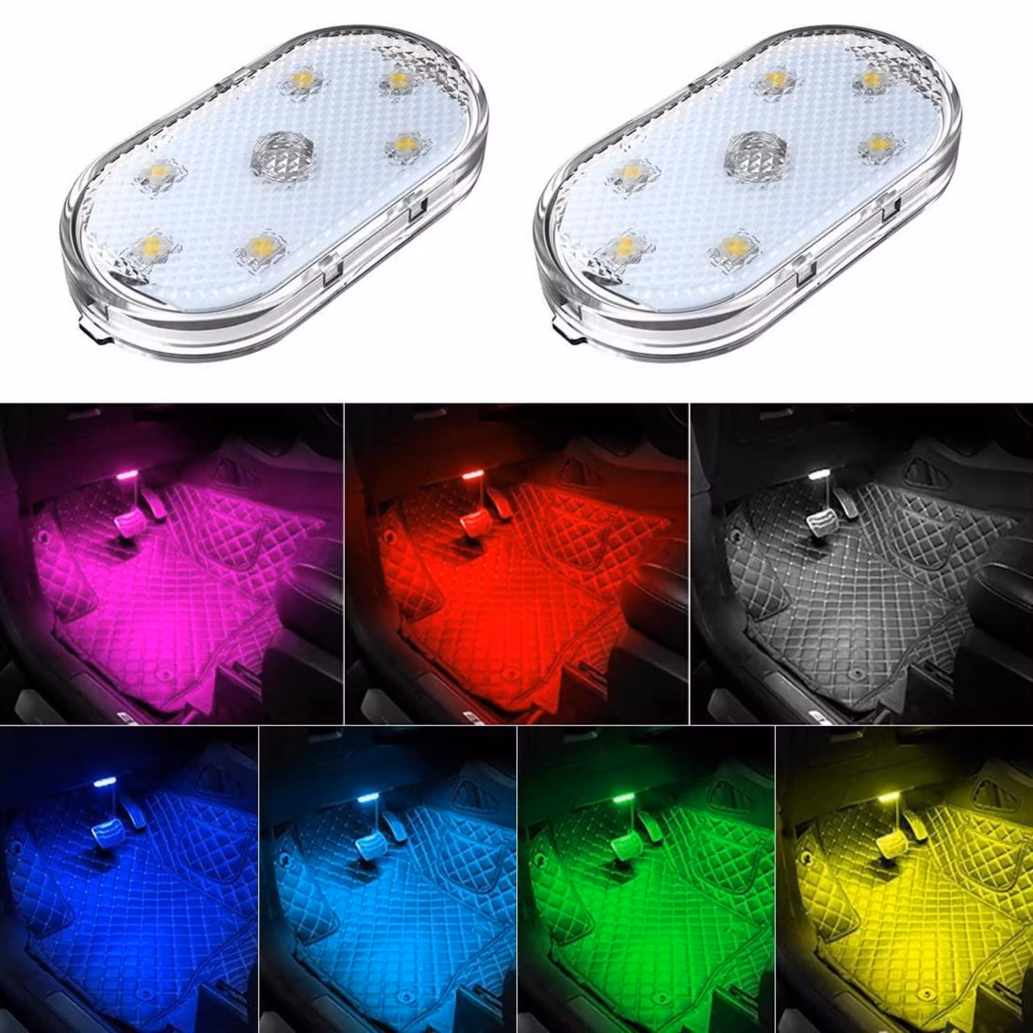 Illuminazione interna per auto a LED, 2 pezzi, 7 colori, ricaricabile tramite USB, portatile