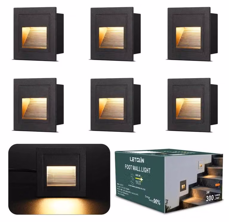 Set di 6 luci a LED per scale, 3W, 300 lumen, 3000K, grado di protezione IP65, colore nero