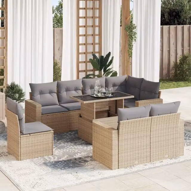 Set Divano da Giardino a L vidaXL in Polyrattan con Cuscini Beige e Tavolino da Esterno 9 Pezzi