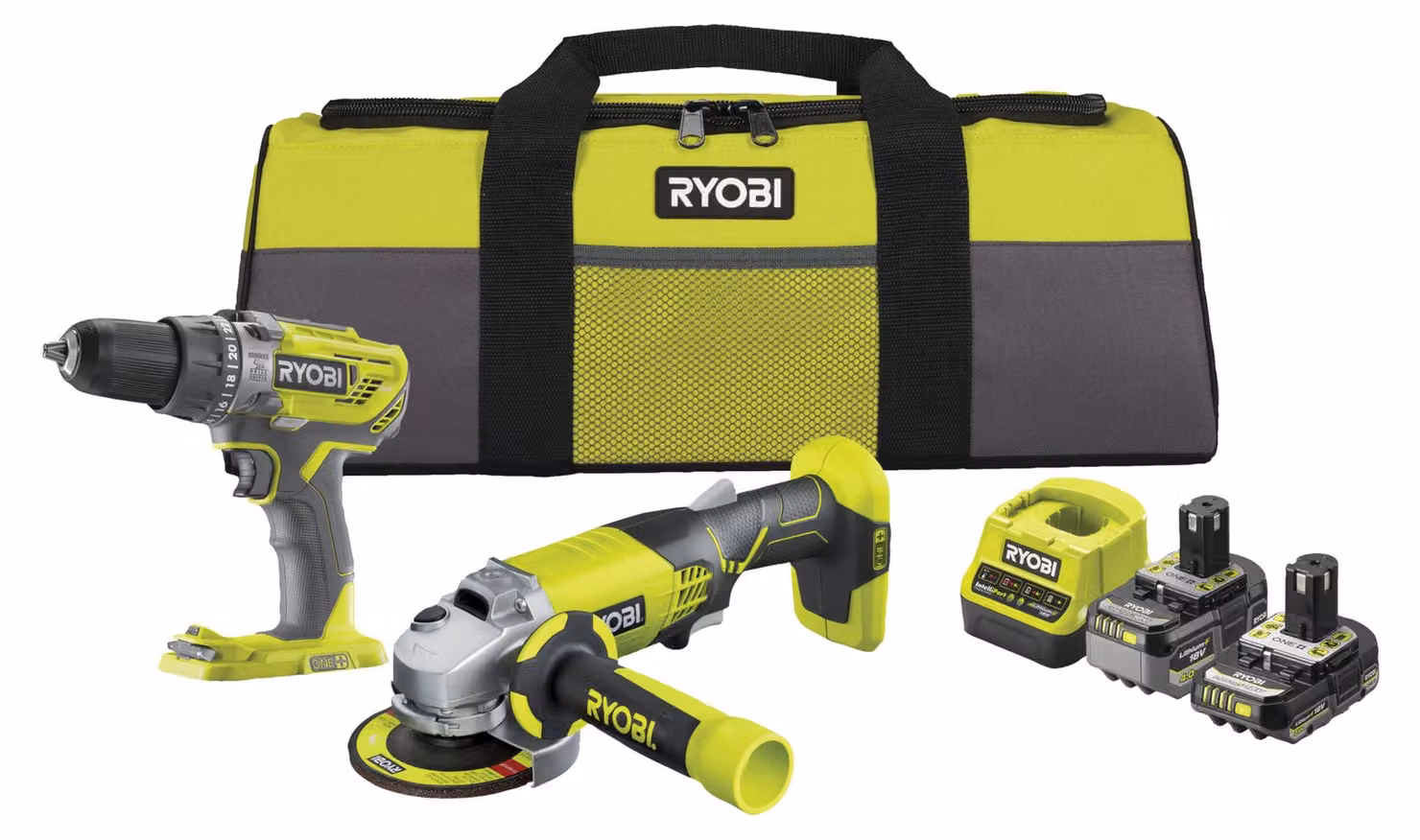 RYOBI 18 V ONE+, kit combinato a batteria da 6 pezzi, modello RCK182O-242SZL, composto da: trapano avvitatore a percussione e altri accessori