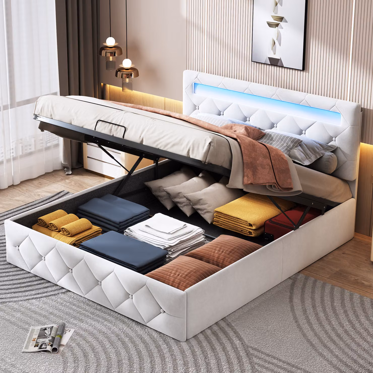Letto imbottito 160x200, letto matrimoniale LED con vano contenitore e rete a doghe, testata con vano contenitore, rete a doghe, spalliera idraulica del letto