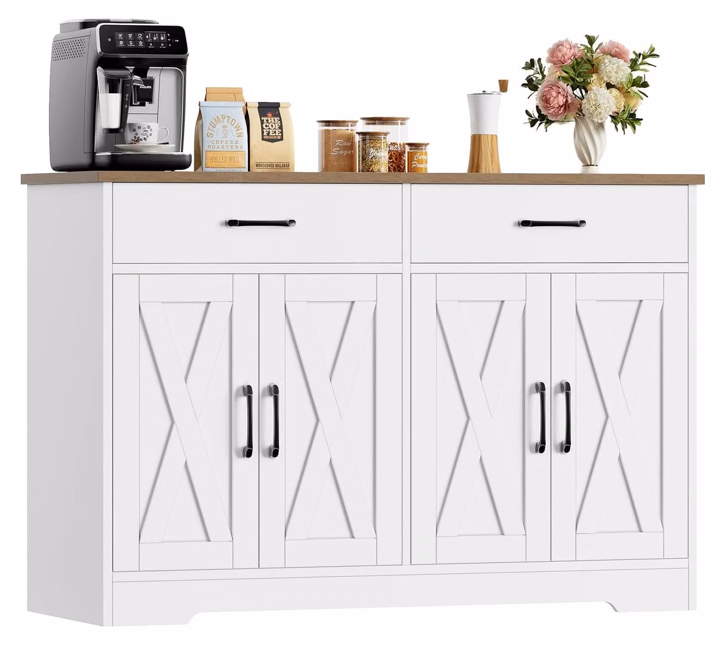 Credenza cucina - Mobiletto contenitore - 120 x 40 cm - Bianco e marrone - Con 2 cassetti e 4 vani