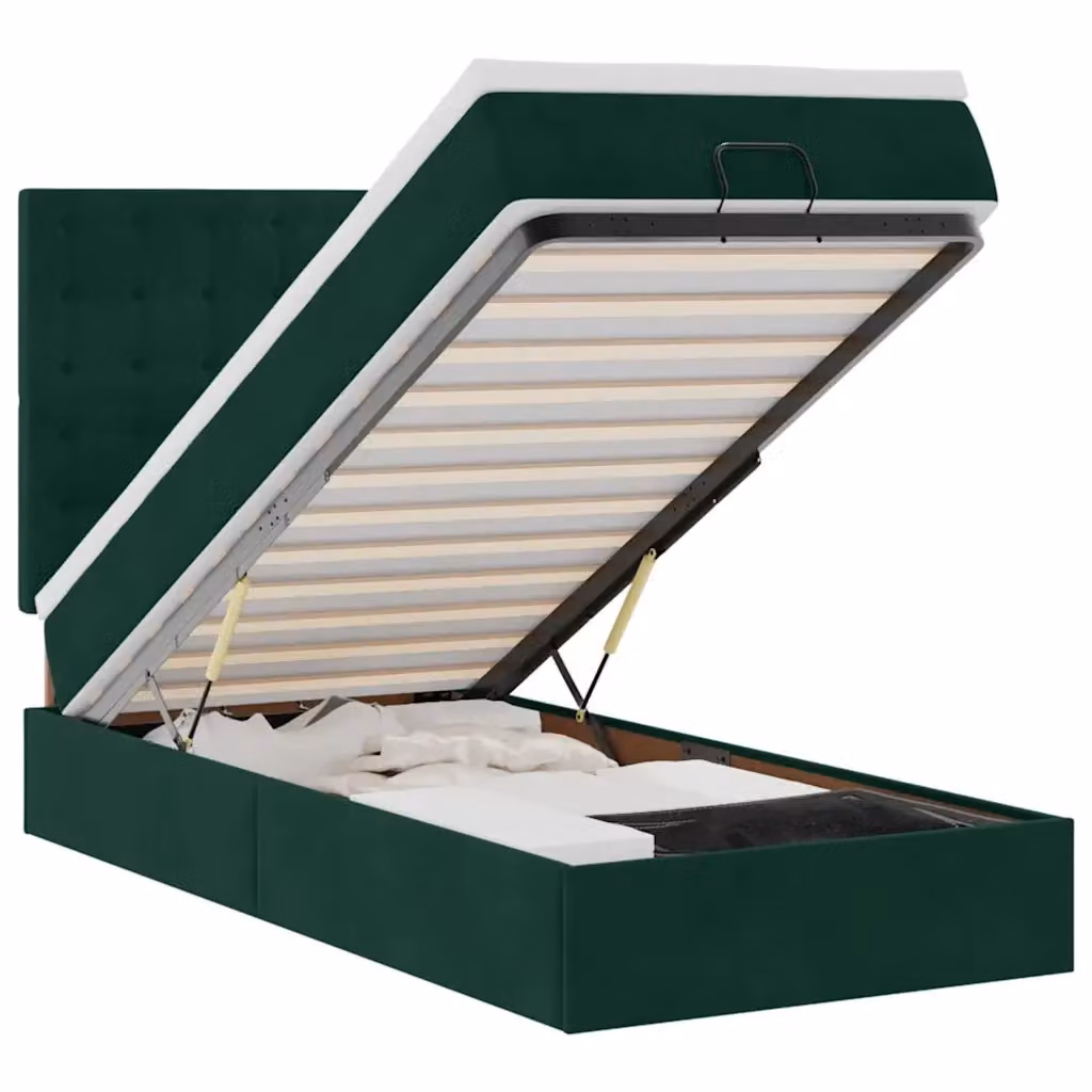 Letto con contenitore a sollevamento vidaXL in velluto verde e bianco con porta USB e illuminazione sottostante L: 203 cm, P: 100 cm, H: 128 cm – 2
