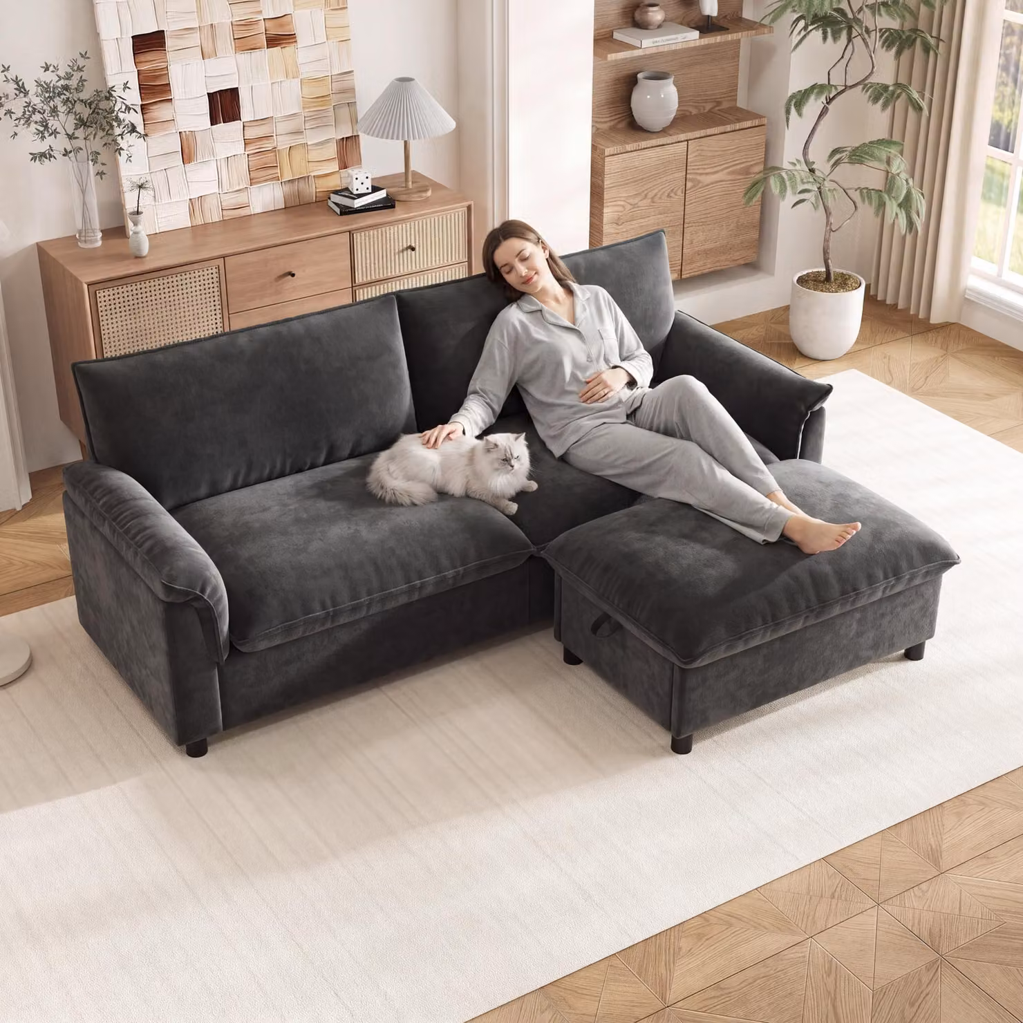 Divano modulare Merax Cloud, 3 posti, con funzione letto, poggiapiedi contenitore, tessuto in chenille, divano grande per soggiorno con seduta profonda, grigio