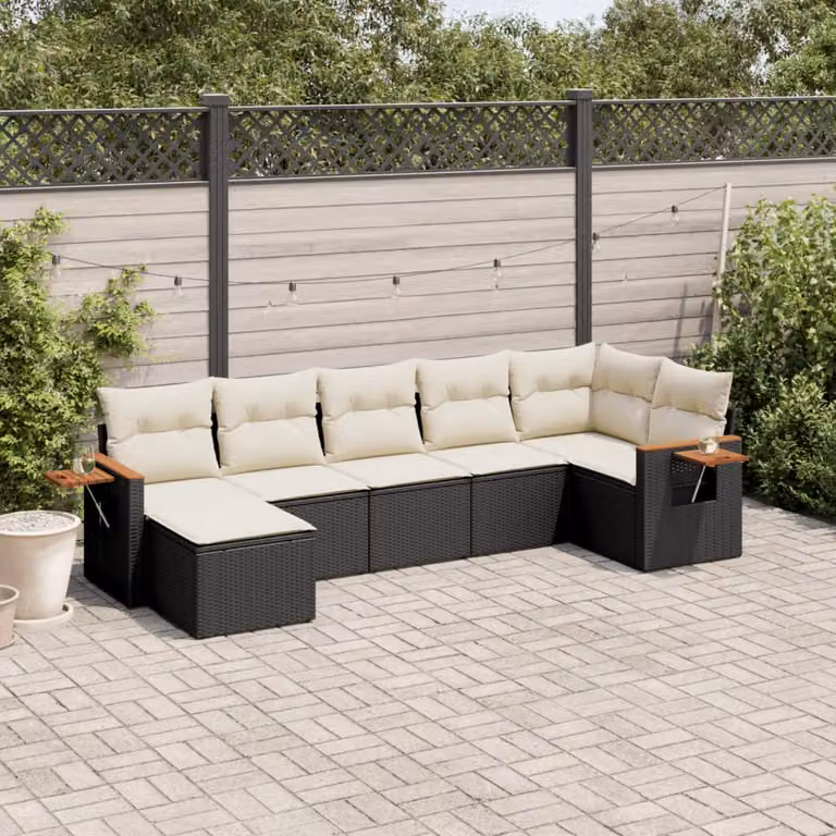 Set Divani da Giardino a L vidaXL in Polyrattan Nero con 7 Cuscini e Tavolino da Esterno