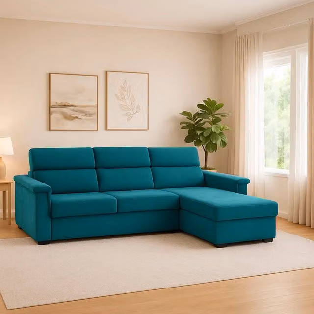 Divano angolare DMORA Cintano in tessuto azzurro con penisola reversibile e coperture rimovibili, L/P: 285 x 160 cm