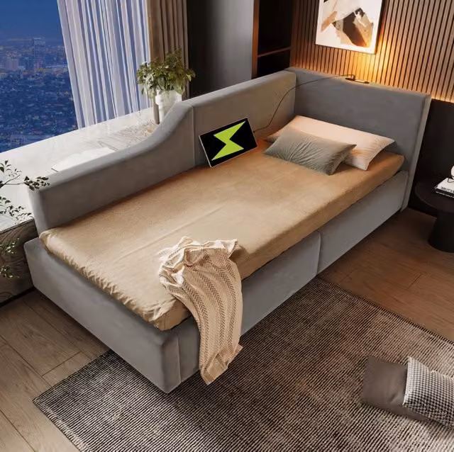 Letto da giorno 90x200 cm con vano contenitore, USB-C e lampada da lettura in velluto grigio