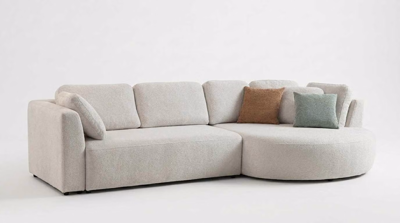 Divano angolare elegante, a forma di L, per soggiorno. Mobili imbottiti