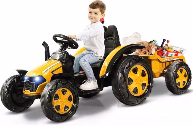 Trattore Elettrico per Bambini 2 in 1 Go Kart con Rimorchio COSTWAY, Giallo, con Telecomando e Cintura di Sicurezza – 1
