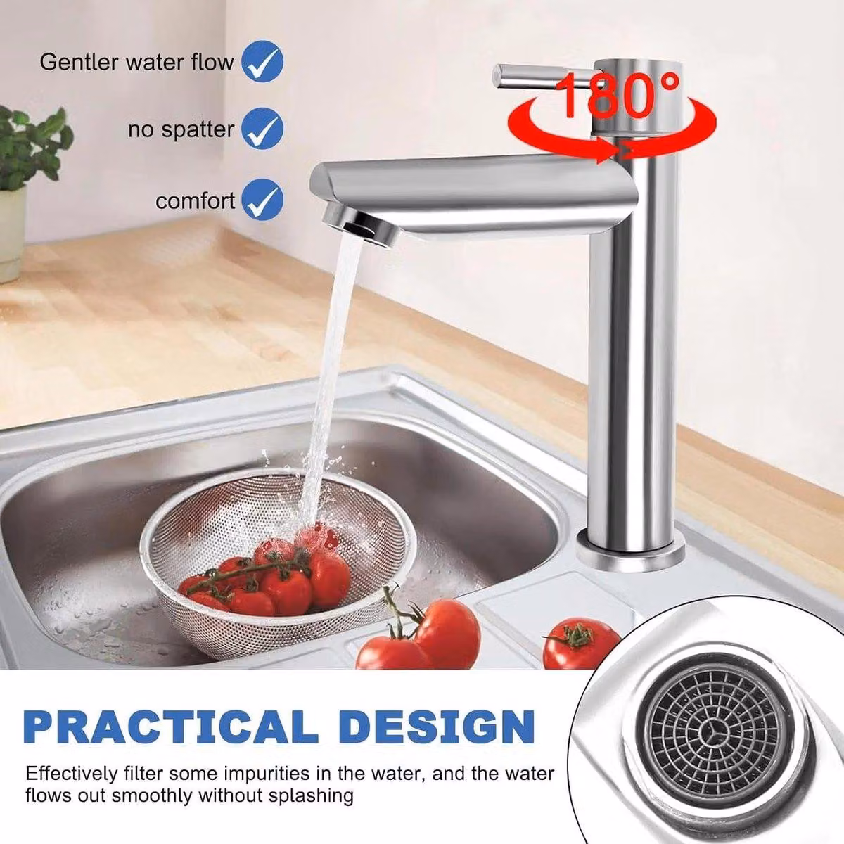 Rubinetto per acqua fredda con tubo di collegamento da 1 metro, ideale per cucina, bagno e toilette per ospiti. Miscelatore monocomando per lavelli e lavabi
