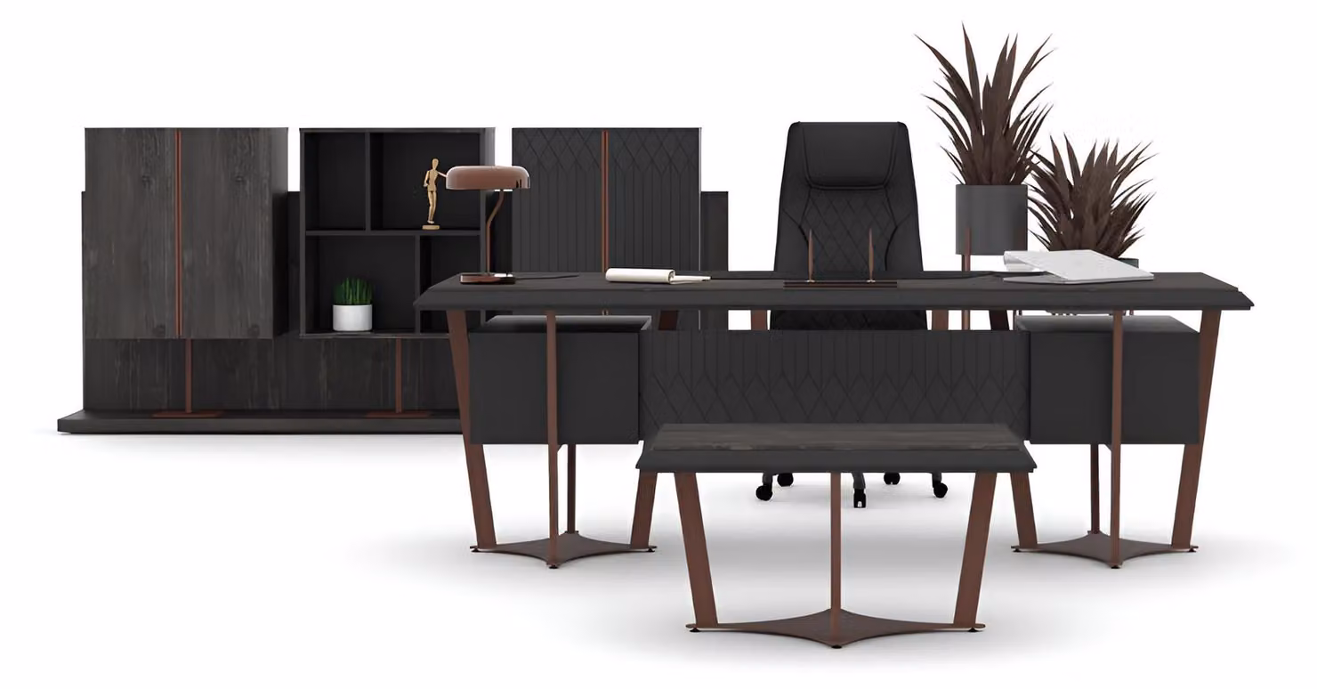 Stilvolle Büroeinrichtung Designer Set Bürotisch Regalwand 2x Tische