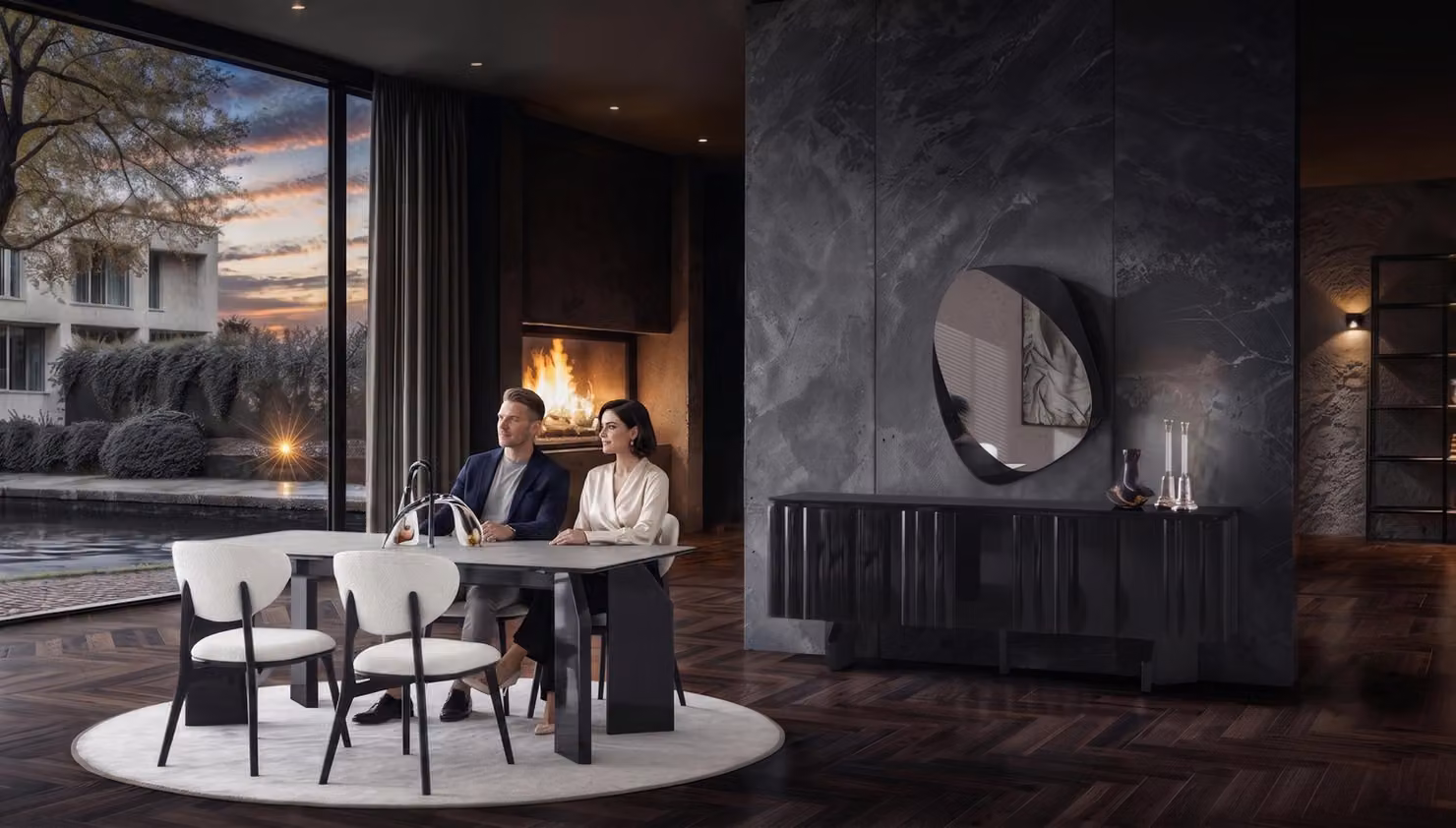 Tavolo da pranzo, 4 sedie, credenza, specchio, set moderno, colore nero, design elegante