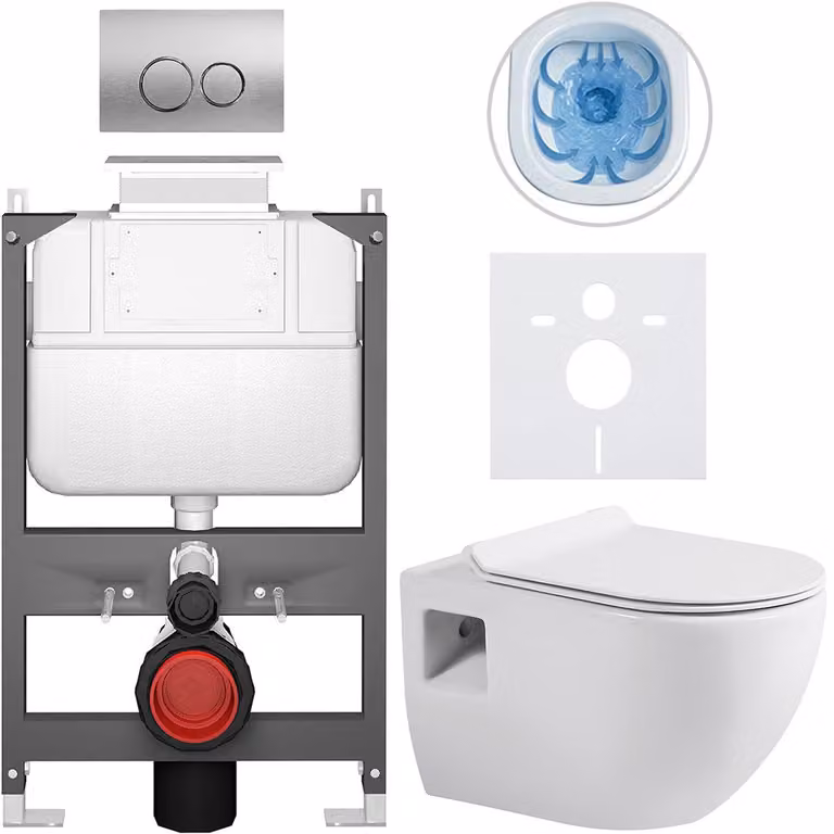Set completo per WC a pavimento Dure - bianco lucido - pulsante Prime/Duoalo, argento - comando superiore - installazione a parete/cartongesso - 51x35 cm