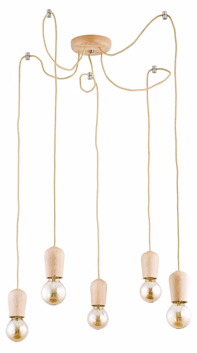 Lampada a sospensione con cavi RUG in legno chiaro, 5xE27x15W, legno, dimensioni: 90x13x13 cm, IP20, Alfa